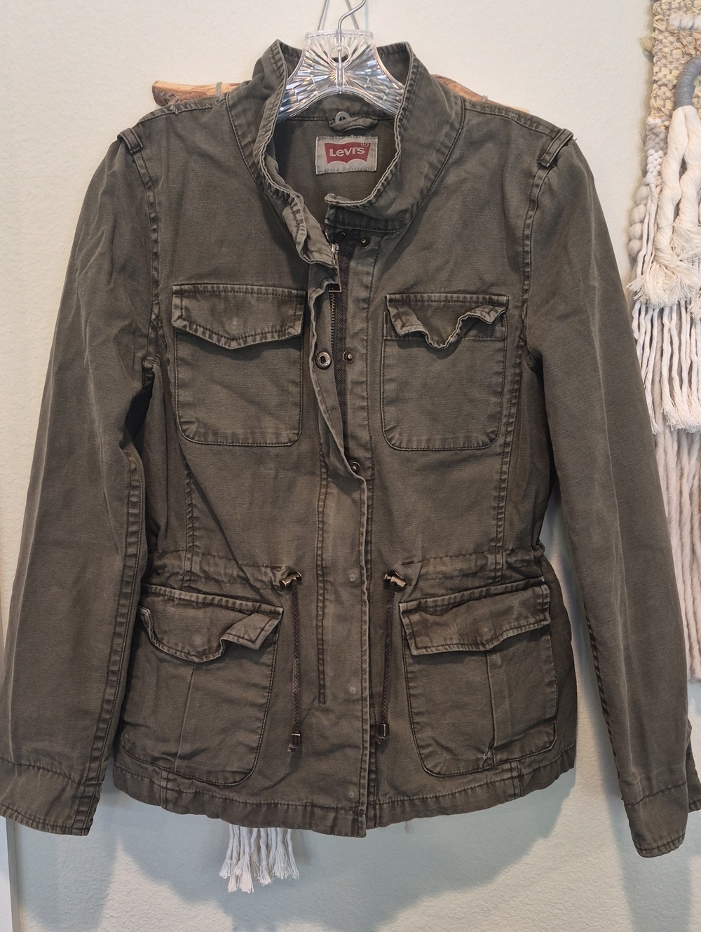 Vtg Levi's Slightly Distressed Army Green Button Zipper Front Utility Jacket XS